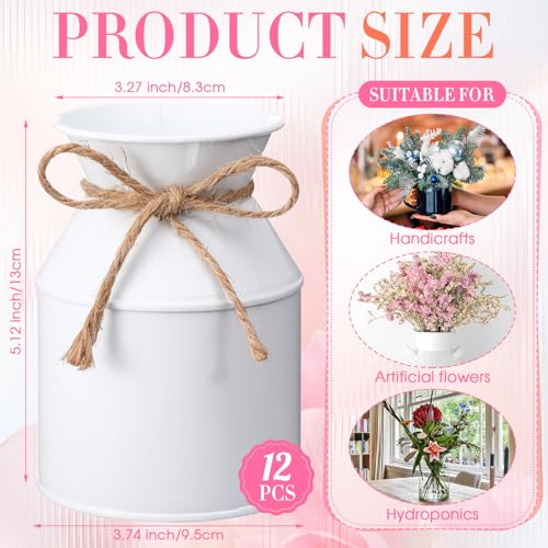 Domensi 12 Pcs Farmhouse Metal Flower Vase, White – 5.12x3.74x3.27in, Waterproof Zinc Coated Milk Cans