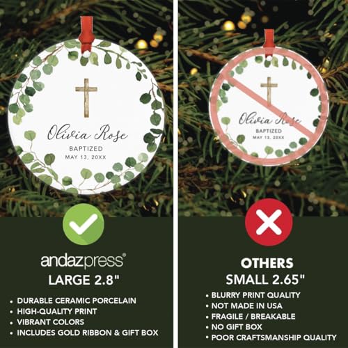 Personalized Baptism Ornament 2026, Round Ceramic Eucalyptus Wreath Keepsake