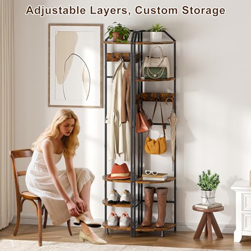 Corner Hall Tree with 10 Movable Hooks and Adjustable Shelves