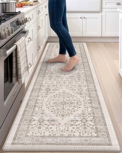 DEXI Beige 87" x 24" Anti-Fatigue Kitchen Floor Mat with Memory Foam, Water-Resistant Cushion Runner Rug