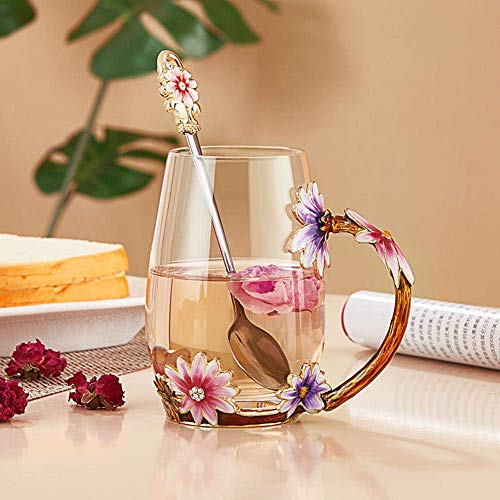 Purple Tall Enamel Flower Glass Coffee Mug with Spoon - Gift for Women