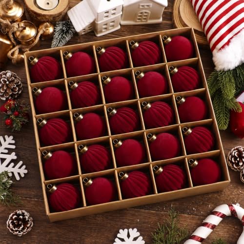 Pinkunn 24 pcs Burgundy Velvet Christmas Ornaments 2.36 Inch - Elegant Holiday Decor Set