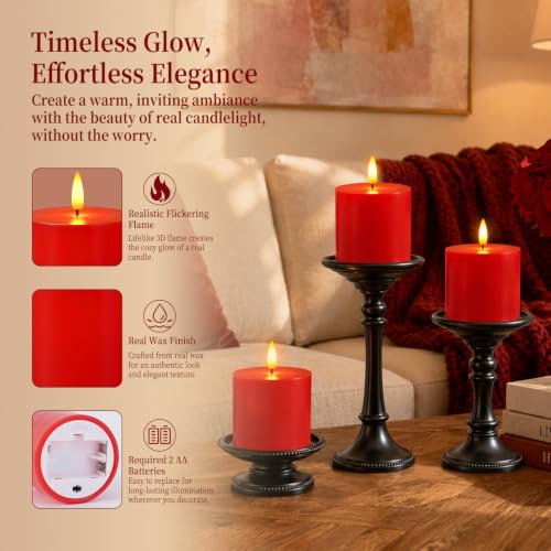 Homemory 3x3 Red Flameless Candles with Remote Timer, Battery Operated 3PC