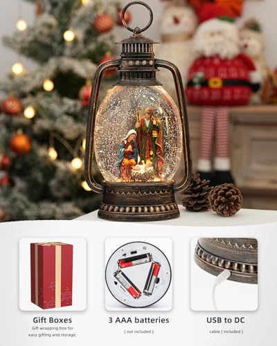 EDDORUNNING 12.6 Inch Nativity Snow Globe Lantern with Jesus - Silent Night Music, 6-Hour Timer