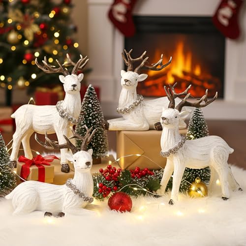 Wesiti 4-Pack Christmas Ceramic Reindeer Figurines for Holiday Decor, White Scandi Style