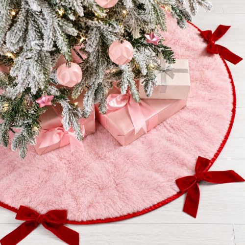 Soulchen 36 Inch Pink Christmas Tree Skirt with Red Velvet Bows