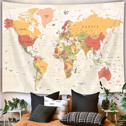 World Map Wall Tapestry - Countries & Cities Educational Decor, 60x40 Inches