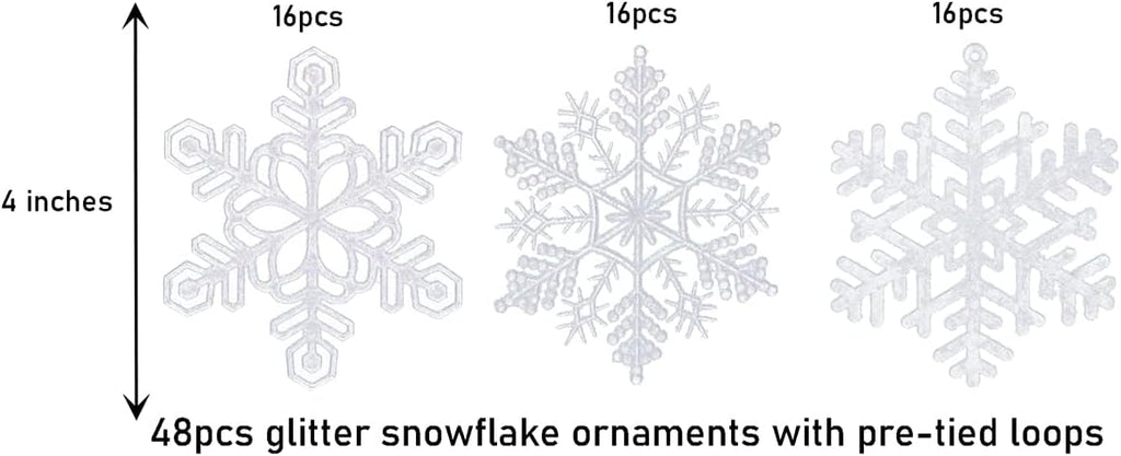 Skiennix 48pcs Pre-Strung White Snowflake Ornaments - Iridescent Glitter Christmas Tree Decor