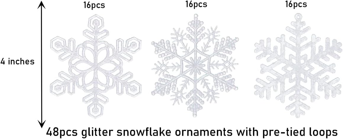 Skiennix 48pcs Pre-Strung White Snowflake Ornaments - Iridescent Glitter Christmas Tree Decor