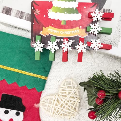 50pcs Red & Green Snowflake Mini Clothespins - Wooden Photo Clips for Christmas Cards & Crafts