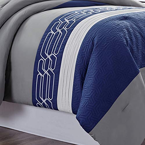 Twin Comforter Set with Embroidered Quilted Design - Blue/Grey/White