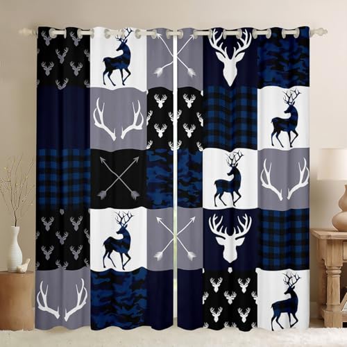 Manfei Camo Deer Antlers Blackout Curtains 52x84 in - 2 Panel Grommet Set, Blue Grey Plaid Patchwork