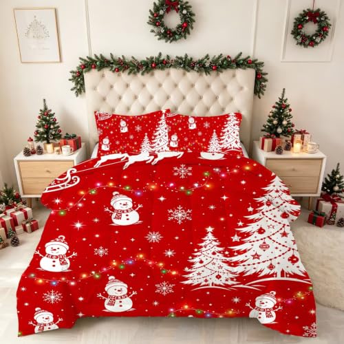 EDGZKO Christmas Snowman Comforter Set Full Red/White, 79x90 inch, 2 Pillowcases