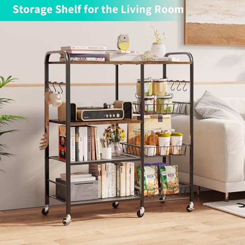 4-Tier Rolling Kitchen Microwave Cart with Pull-Out Baskets and Storage