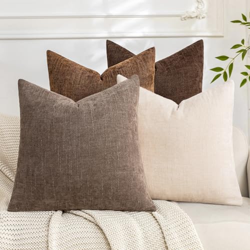 Set of 4 Chenille Throw Pillow Covers 18x18 Inch, Textured Farmhouse Style