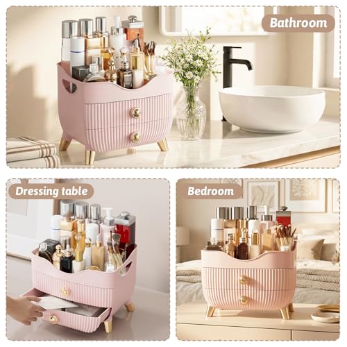 Pink Makeup Organizer with Drawers & Top Compartment - Large Capacity Vanity Storage