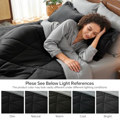 Queen Comforter Set 7-Piece - Reversible Black Bed in a Bag All Season