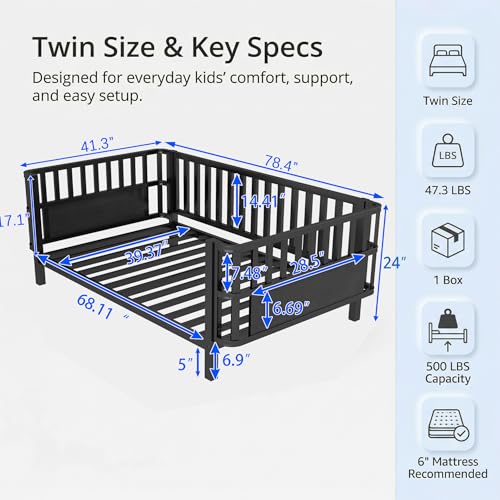 Twin Kids Bed Frame with Removable Safety Rails, Low Profile Montessori Bed