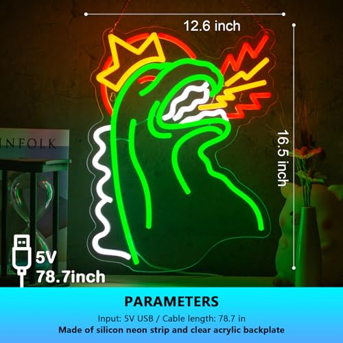 Jimeva Monster Neon Sign – Fire Monster LED Wall Light, USB Dimmable, Multi-Color (Green/Red/White/Yellow) for Boys Girls Room, Game Room