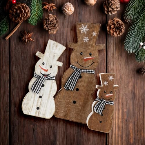 Set of 3 Rustic Wooden Snowman Christmas Table Decorations - Farmhouse Holiday Decor