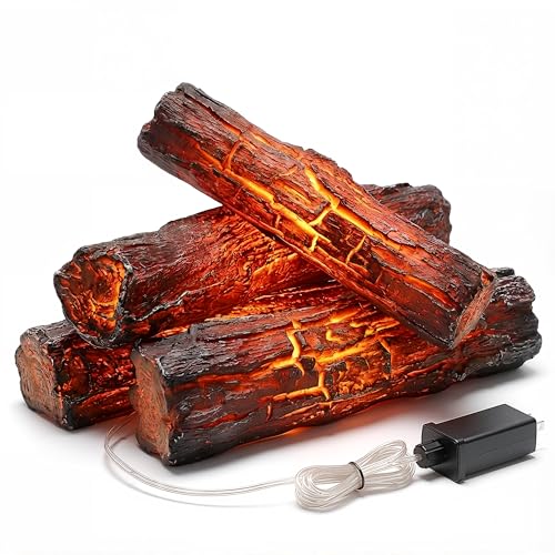 Fake Fireplace Logs 4 Pack - Flameless LED Fire Effect, 15.7 inch, Indoor Decor