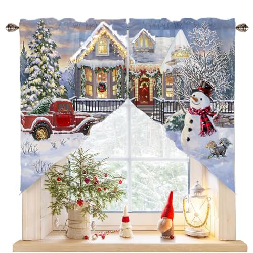 Deblaker Snowscape Christmas Burlap Swag Curtains for Windows, Red Truck & Snowman, 56"Wx36"L, Pack of 2