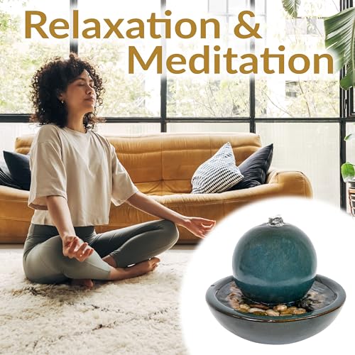 Ceramic Tabletop Water Fountain with Orb - Teal Glazed Indoor Decor