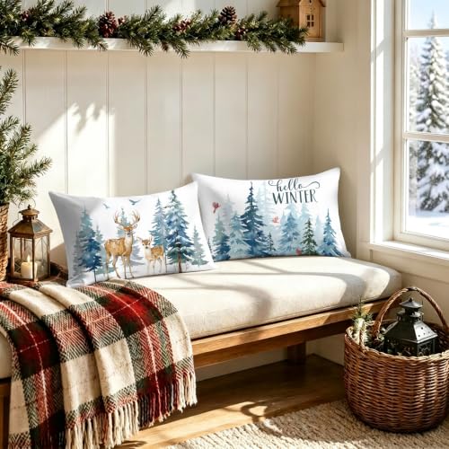 Bonhause Hello Winter Lumbar Pillow Covers 12 x 20 in Set of 2 – Reindeer Snowy Pines Holiday Decor