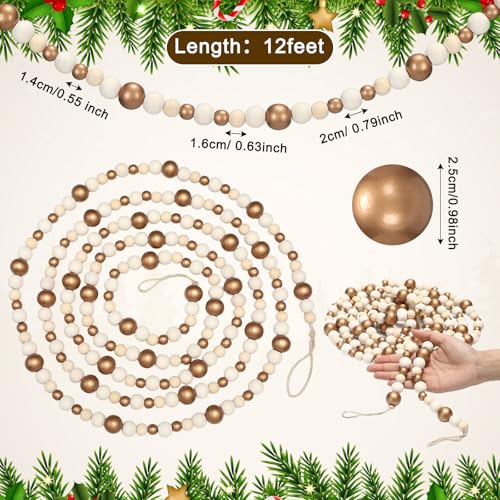 2 Pcs Christmas Wood Bead Garland - Gold & Wood Color (12ft)