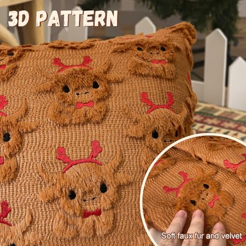 Brown Highland Cow Throw Pillow Cover Set of 2 18x18 with Elk Headband Christmas Decor