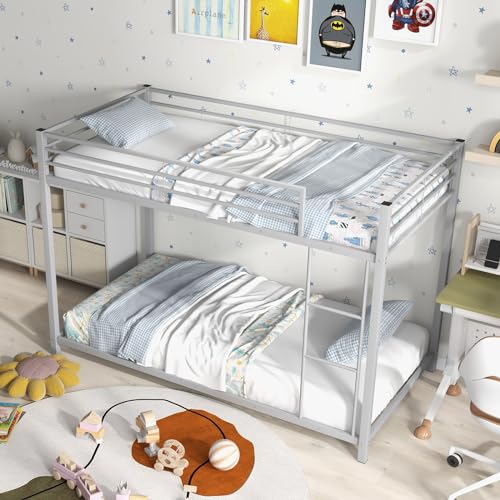 Twin Over Twin Metal Bunk Bed, Heavy Duty Low Floor Bed Frame with Ladder