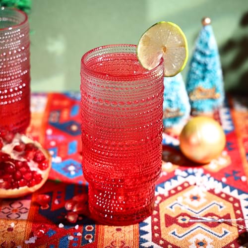 Gradual Red Hobnail Glasses Set of 6 - 16 oz Vintage Water Tumblers for Drinks