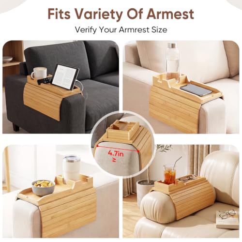 Bamboo Couch Arm Tray Table with Cup Holder, Foldable Sofa Armrest Tray