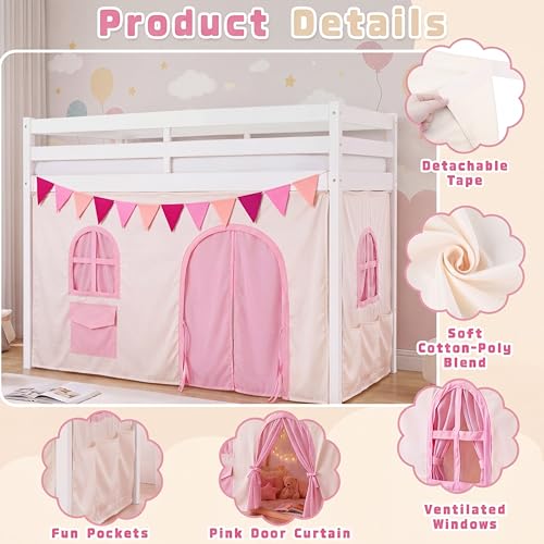 3-Panel Bunk Bed Curtain Set with Felt Pennant for Loft Bed Playhouse