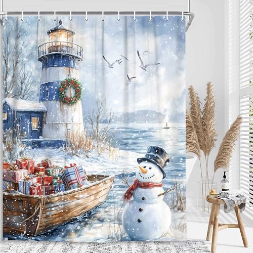 Winter Lighthouse Shower Curtain 70x70 in - White with Hooks | Jipusai