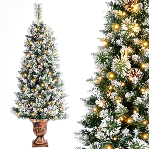 4ft Pre-Lit Artificial Christmas Tree with Gold Pot and Flocked Snow