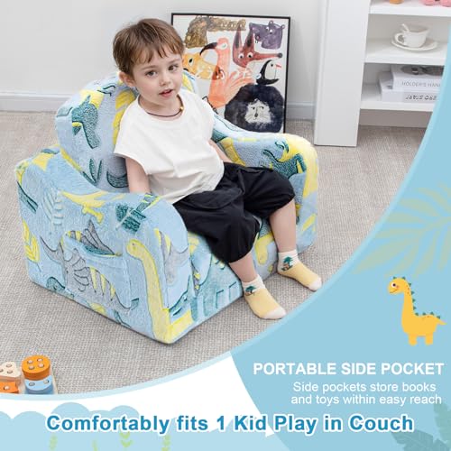 2-in-1 Foldable Kids Sofa Chair & Couch with Blanket - Green Dinosaur