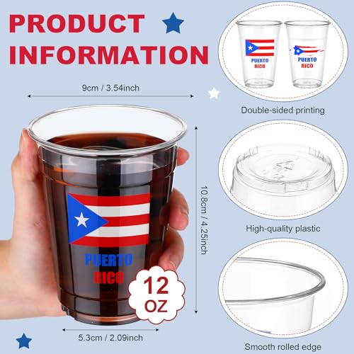50 Pcs Puerto Rico Disposable Plastic Cups 12 oz Red White Blue Flag Party Supplies