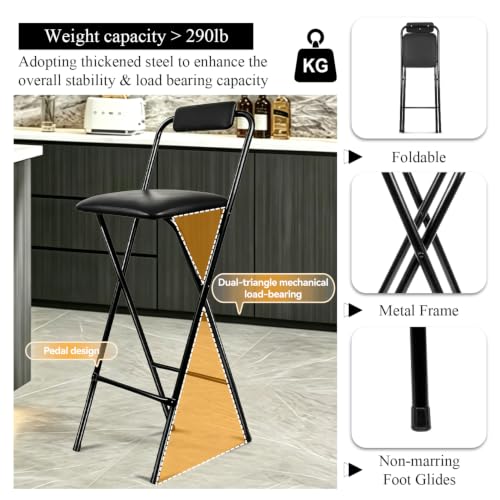 29.5-Inch Folding Bar Stool with Back, Padded Leather Counter Stool