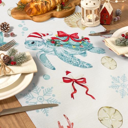 Bonhause 13 x 90 Inch Christmas Coastal Table Runner with Turtles & Seahorses