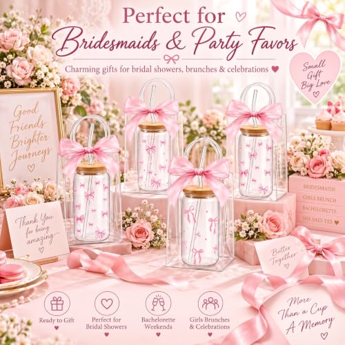 Mumufy 16 Sets Pink Bow Glass Cups with Lids & Straws Coquette Style