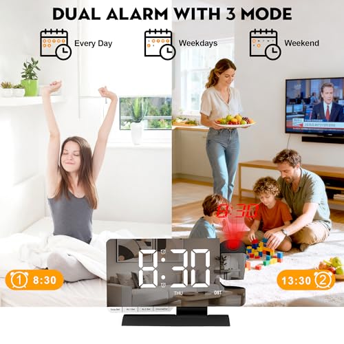 Digital Projection Alarm Clock with 180° Projector & 7.3" Mirror Display