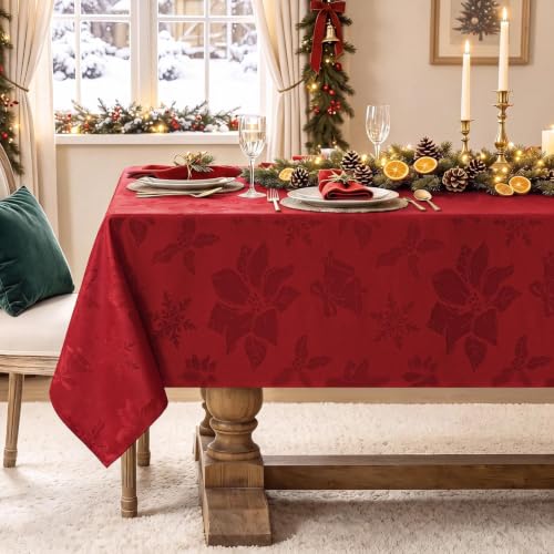 Softalker Christmas Jacquard Rectangle Tablecloth 60 x 144 Red, Flower Red — 100% Polyester