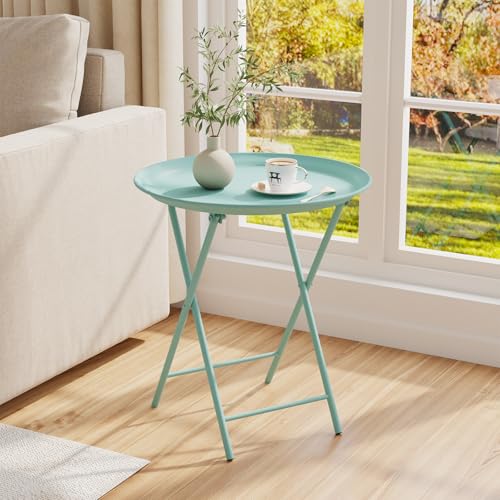 Folding Round Metal Side Table, Green Tray Table Set (2 Pack)