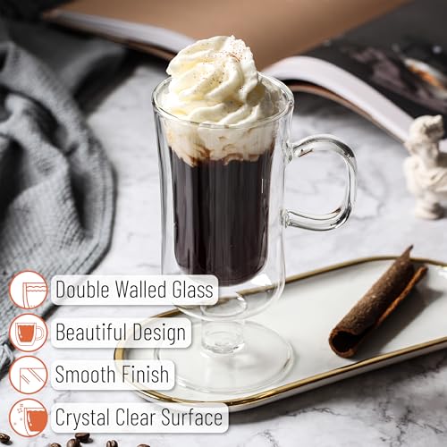 Brew To A Tea Double Walled Glass Irish Coffee Mug Set of 4 - 10 oz Insulated Hot Cold Cups