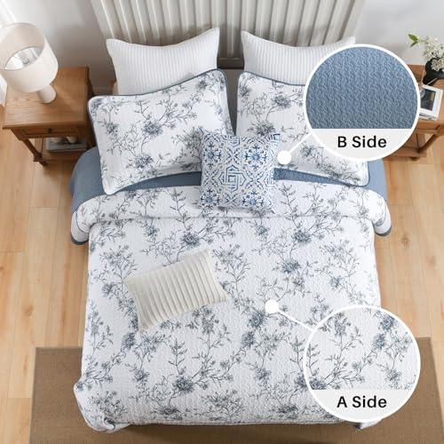 Oversized Floral King Bedspread Set - 100% Cotton, Reversible, 120x120