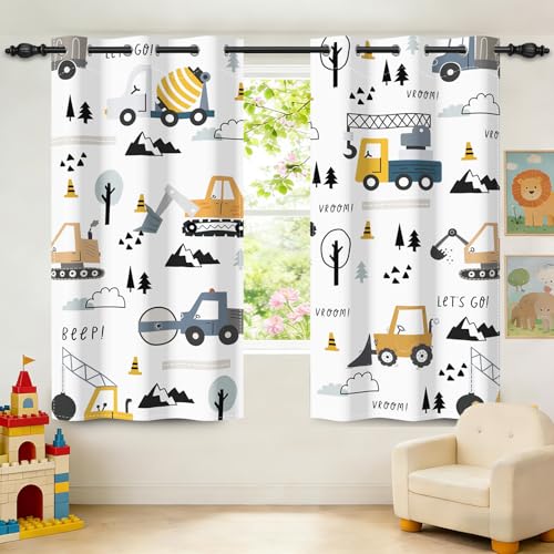 Construction Truck Blackout Curtains for Kids Bedroom, 63-Inch Set