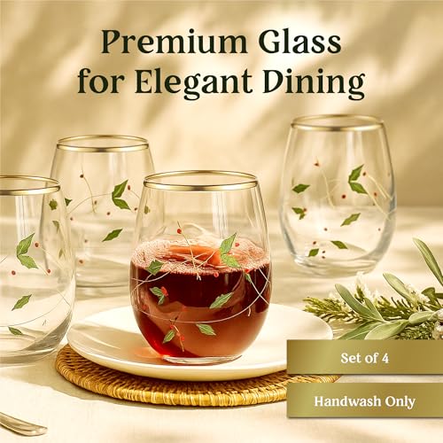 Gold Rim Stemless Wine Glasses Set of 4 20oz Borosilicate Handcrafted Italian Drinkware