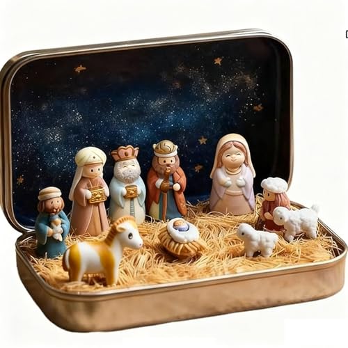Handcrafted Mini Christmas Nativity Set in Tin Box - Pocket Size Figures