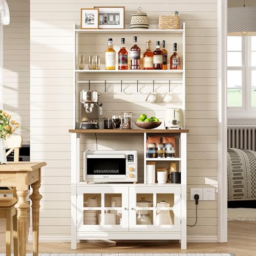 Farmhouse Bakers Rack with Power Outlets, Coffee Bar Cabinet & Hutch